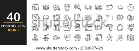 Food delivery web icons set. Restaurant food delivery - simple thin line icons collection. Containing is food box, courier on bike, door contactless delivery, fast food, dinner. Simple web icons set