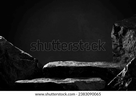 Black stone podium for luxury product placement. Rock granite pedestal stage background. Natural material scene. Minimal luxury aesthetic. Royalty-Free Stock Photo #2383090065