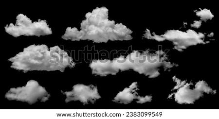 White clouds collection isolated on black background, cloud set on black. fluffy white cloudscape texture. Black sky nature background, cloudy, black and white, horizontal
