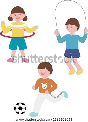 Illustration of children playing hula hoop, jumping rope, and soccer