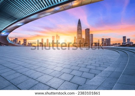 City square and skyline with modern buildings in Shenzhen at sunset, Guangdong Province, China. Royalty-Free Stock Photo #2383101861