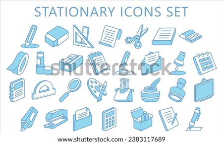 stationary blue color icons pack, contain book, calculator, eraser, office equipment and more. use for modern concept, best for UI or UX kit, web and app development. vector EPS 10. Royalty-Free Stock Photo #2383117689