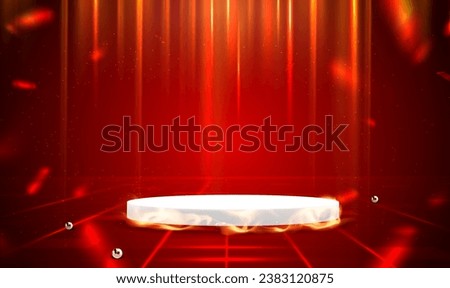 Product display podium with fire flame on digital technology red light room background. Backdrop for display product on sale. Futuristic glowing design for product display presentation. Vector EPS10.