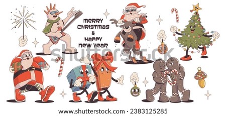 Groovy christmas set, collection of trendy retro hippie stickers. Santa Claus, snowman with a guitar, Christmas tree, walking gifts, deer, gingerbread in trendy retro cartoon style.	
