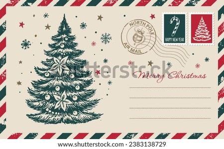 Christmas mail, postcard, hand drawn illustration.