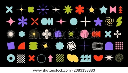 Brutalist geometric shapes and Y2K elements set. Trendy abstract graphic design elements. Vector illustration
