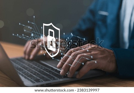 Secure cyber password protect, person use laptop login online web privacy icon computer firewall, cyber safe from virus, Lock icon and internet network security technology. Personal information. Royalty-Free Stock Photo #2383139997