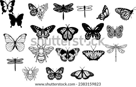 Butterfly silhouette set. Vector monochrome illustration isolated. Various moths. Decorative design elements.