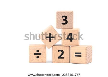 Mathematics basic proposition, numbers and operation signs in wood cubes isolated on white background Royalty-Free Stock Photo #2383161767