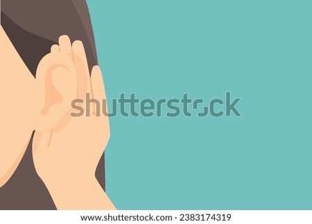 Woman holds her hand near her ear. Deafness concept. Listening or hearing intently. Vector illustration. Royalty-Free Stock Photo #2383174319