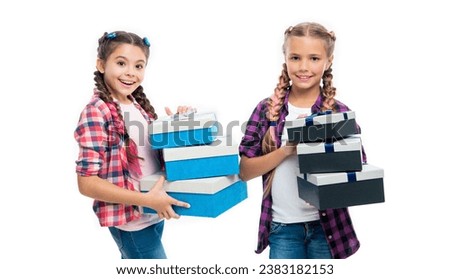 happy birthday. birthday present box. children girls sharing present. present to friend. present box from shopping. children girls with boxes. their eyes filled with delight