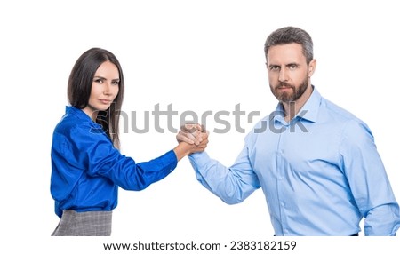 two businesspeople competing in arm wrestling isolated on white. confrontation in office. business competitors doing arm wrestling. competition for leadership. business competition