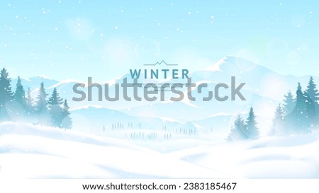 Spruce trees in snowdrifts. Mountains in the background. Clear blue sky, snowfall. Vector illustration. Winter landscape. Design for cover, postcard, banner, poster. Adventure tourism, nature walks. Royalty-Free Stock Photo #2383185467