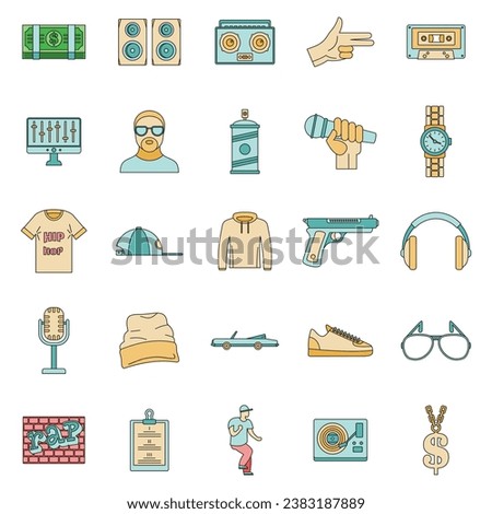 Hiphop rap swag music dance icons set. Outline illustration of 16 hiphop rap swag music dance vector icons thin line color flat on white