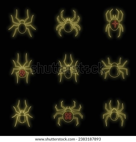 Spider bug caterpillar phobia icons set. Outline illustration of 9 spider bug caterpillar phobia vector icons neon color on black
