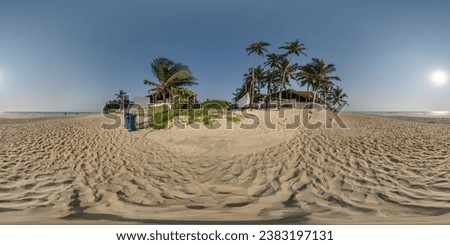 360 hdri panorama with coconut trees on ocean coast near tropical shack or open air cafe on beach in equirectangular spherical seamless projection Royalty-Free Stock Photo #2383197131