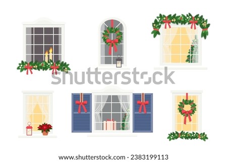 Set of cute windows with Christmas decorations isolated on white background. Exterior concept for house. Cartoon flat style. Vector illustration
