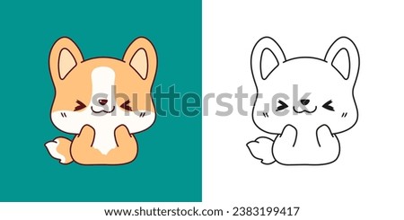 Set Clipart Corgi Dog Coloring Page and Colored Illustration. Kawaii Isolated Puppy. Cute Vector Illustration of a Kawaii Baby Animal for Stickers, Prints for Clothes, Baby Shower. 