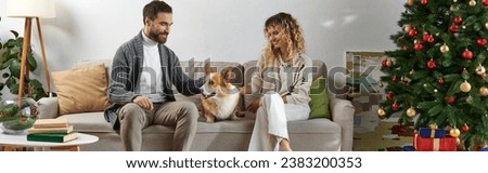 happy couple sitting on couch and cuddling corgi dog near Christmas tree and presents, banner