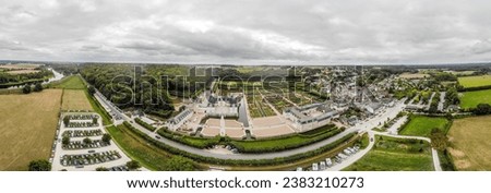 
Village and castle of Villandry (Château de Villandry), Cher river in cloudy weather. Panoramic photography from a drone.