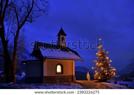 A Christmas Picture, Christmas Time in The Mountains, An Illuminated Chapel and Christmas Tree, A Picture with Snow Capped Mountains By Night, A Wintry Alpine Scenery, Beautiful Chapel at a Mountain, 