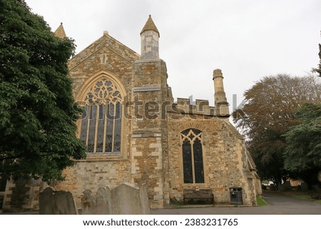 Rye, East Sussex, England. October 12th 2023. Anglican parish Church of St. Mary, close up of the side of the church with a large gothic window.
