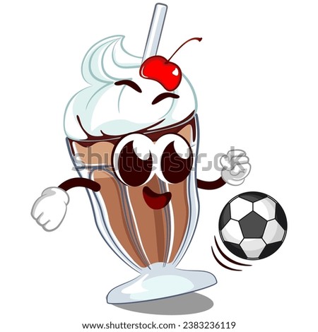 character mascot of a milkshake glass with a funny face playing soccer, isolated cartoon vector illustration. emoticon, cute milkshake glass mascot