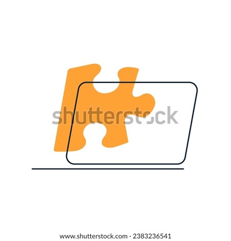 Puzzle on a laptop outline icon on white background