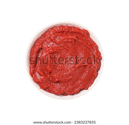 Bowl of tasty tomato paste isolated on white, top view Royalty-Free Stock Photo #2383237835