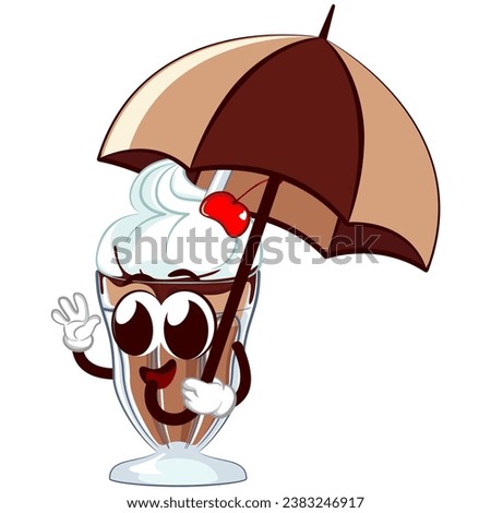 mascot character of a milkshake glass with a funny face with an umbrella saying hello, isolated cartoon vector illustration. emoticon, cute milkshake glass mascot