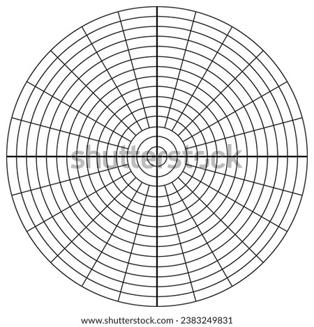 Polar coordinate circular grid isolated on white background. 360 degrees scale. Blank polar graph paper. Vector illustration. Mathematical graph. Lined blank on transparent background.