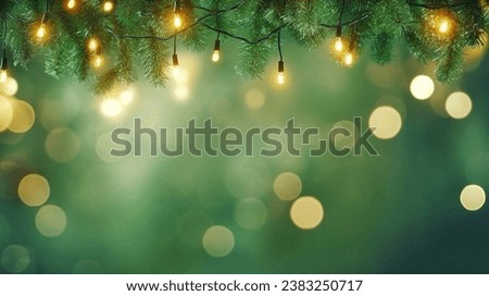 Christmas tree branches with garland lights on bokeh background.