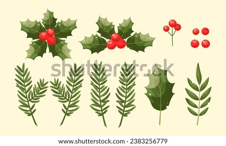 Set of Christmas elements for typographic design. Leaves, spruce branches, red berries. Vector illustration in modern style. Merry christmas celebration clip art.