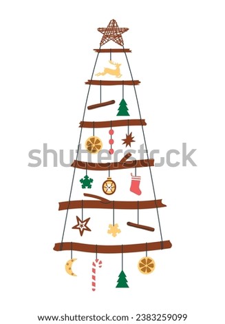 Alternative Christmas eco tree. Eco-friendly Xmas decorations made paper and textiles. Drawing New Year's decoration. DIY decor. Flat vector illustration on white isolated background.