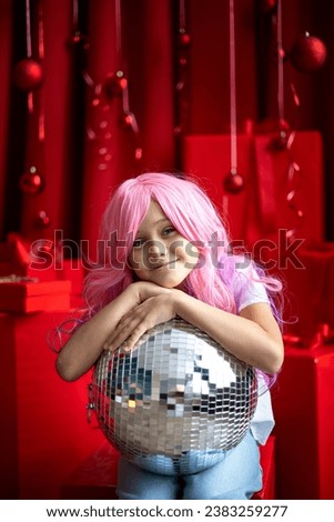 Vanilla Girl. Kawaii vibes. Little girl with pink hair  have party on red Christmas background