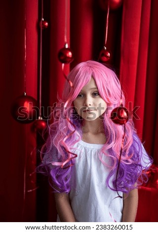 Vanilla Girl. Kawaii vibes. Little girl with pink hair  have party in on red Christmas background