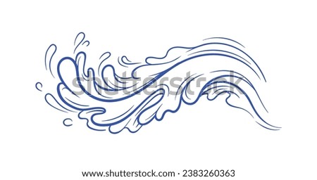 Water splash blue minimalistic sketch. Wave with drops and steam. Ocean and river, lake. Aqua and H2O. Template and layout. Linear flat vector illustration isolated on white background