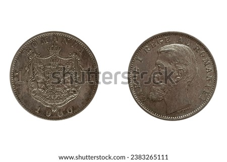 1 Leu 1900 Carol I. Coin of  Romania. Obverse Left portrait of Carol I. Reverse The Royal Coat af Arms with the royal moto nihil sine deo