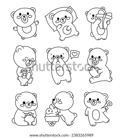 Cute kawaii bear different poses. Coloring Page. Emoji cartoon character. Hand drawn style. Vector drawing. Collection of design elements.