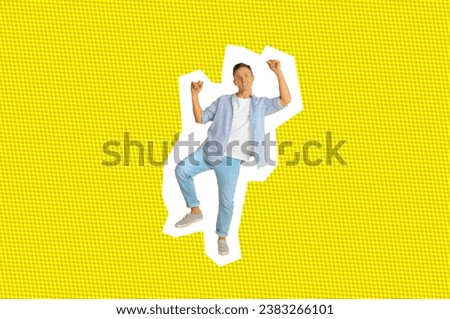 Stylish artwork with smiling man dancing on yellow background
