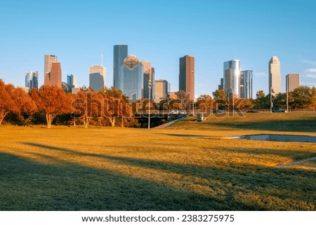 Houston downtown skyline during sunset. Buffalo Bayou Park. Texas, USA