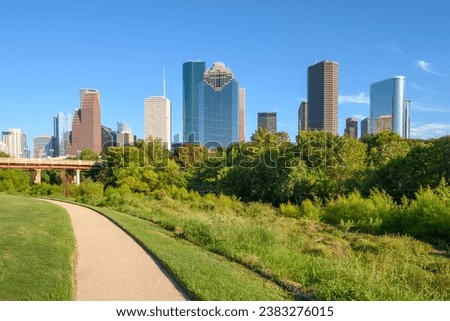 Houston downtown skyline on a sunny day. Buffalo Bayou Park. Texas, USA