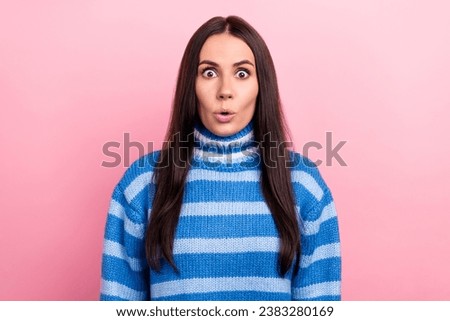 Photo of pretty shocked speechless girl pouted lips staring cant believe wear turtleneck isolated on pink color background