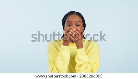 Covering mouth, wow and portrait of a black woman with a secret, gossip or rumor on a blue background. Shock, happiness and excited African girl with expression of surprise, amazed and good news Royalty-Free Stock Photo #2383286065