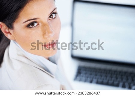 Business woman, portrait and computer screen for website, social media and copywriting with office research. Face of professional writer or editor with laptop mockup or space for blog or information