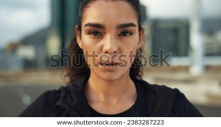 Fitness, city portrait and woman breathing, relax and ready for outdoor cardio, workout commitment or morning sports run. Sweaty face, road and active athlete, runner or jogger for training challenge Royalty-Free Stock Photo #2383287223