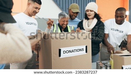 Team, volunteer and people for charity, donations and community service or social responsibility. Happy group of workers, non profit and collaboration in outreach program, distribution and support Royalty-Free Stock Photo #2383287237