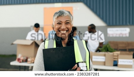 Woman, clipboard and manager in charity, volunteer and organizer for outreach program, smile and portrait. Happy senior person, non profit and support in social responsibility for NGO foundation Royalty-Free Stock Photo #2383287281