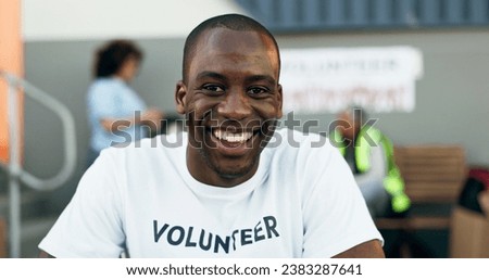 Man, volunteer and smile in portrait, charity and outreach program for society in outdoors. Happy black person, nonprofit and support in social responsibility, NGO foundation and community service Royalty-Free Stock Photo #2383287641
