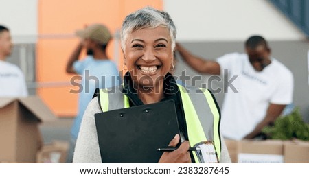 Woman, clipboard and donation for charity, volunteer and organizer for outreach program, smile and portrait. Happy senior person, non profit and support in social responsibility for NGO foundation Royalty-Free Stock Photo #2383287645